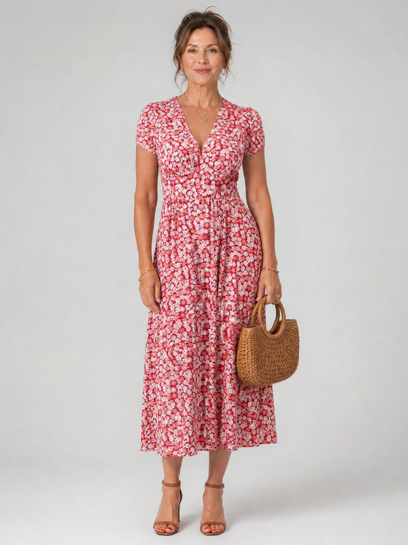 Bailey | Floral V Neck Short Sleeve Midi Dress