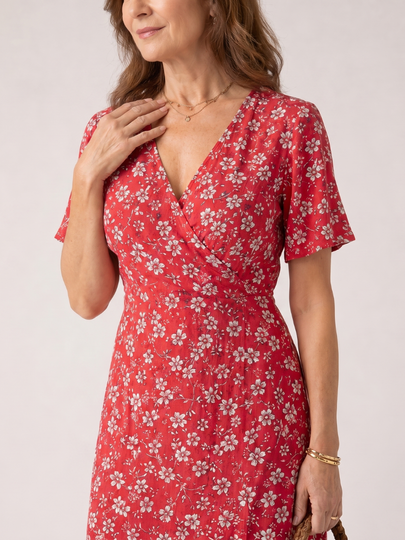 Amelia | Floral V Neck Short Sleeve Midi Dress