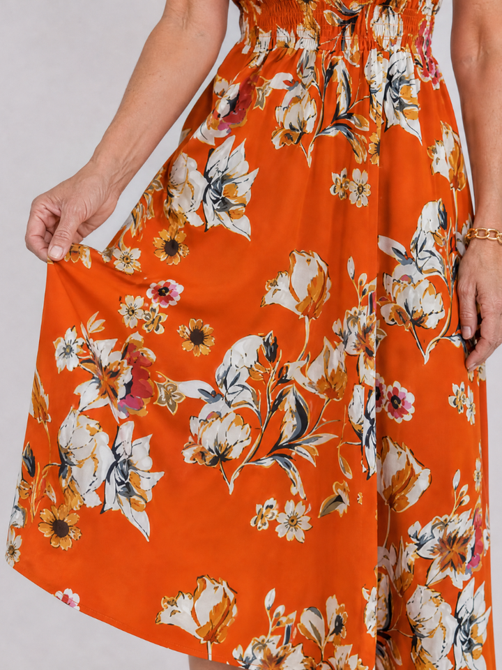 Iris | Floral V Neck Short Sleeve Midi Dress