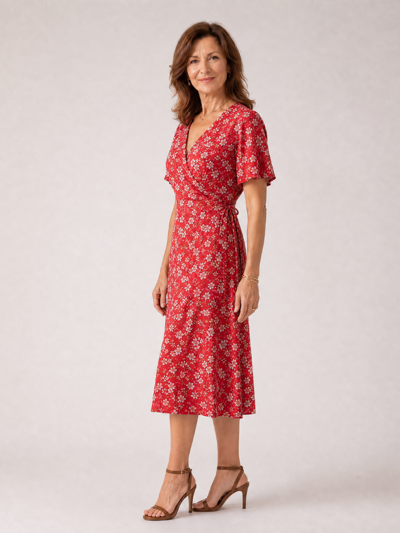 Amelia | Floral V Neck Short Sleeve Midi Dress