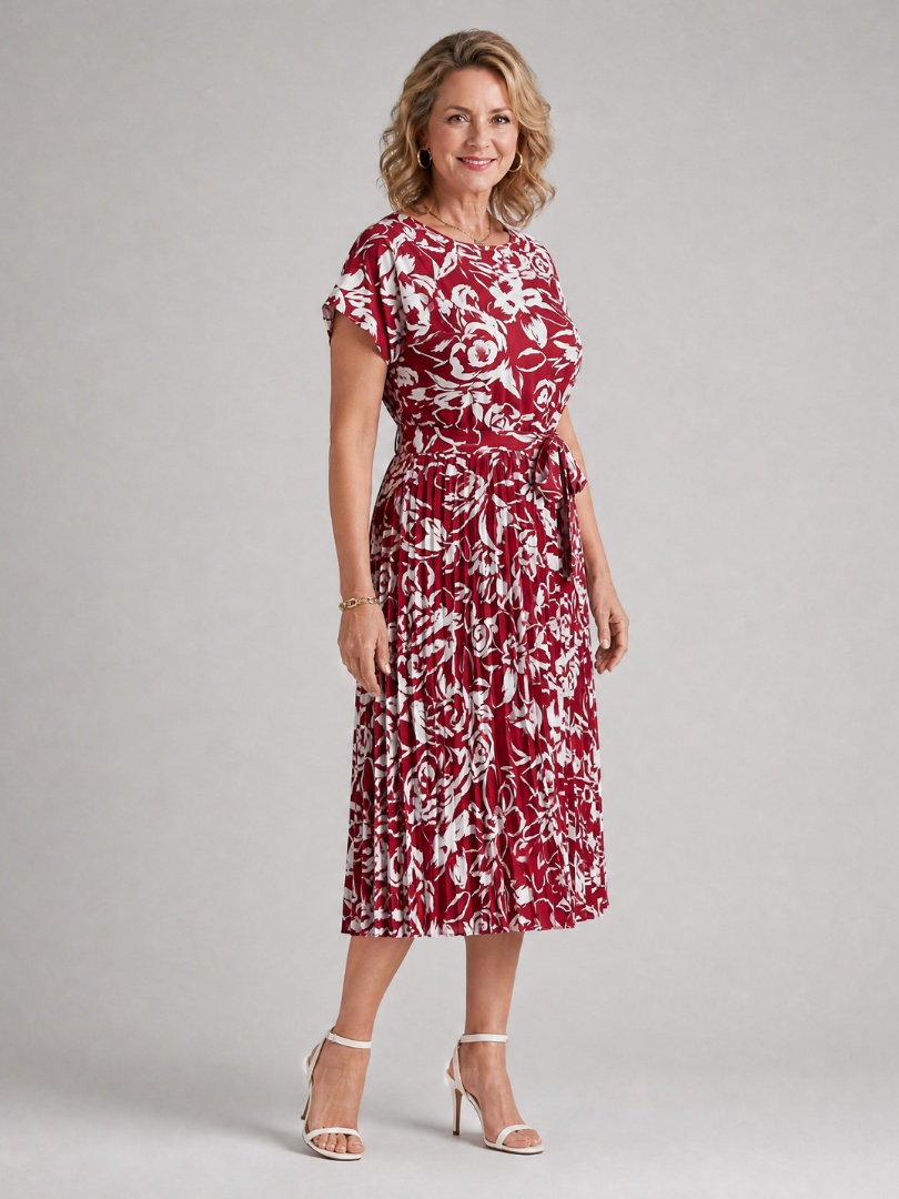 Hazel | Floral Pleated Waist Tie Midi Dress
