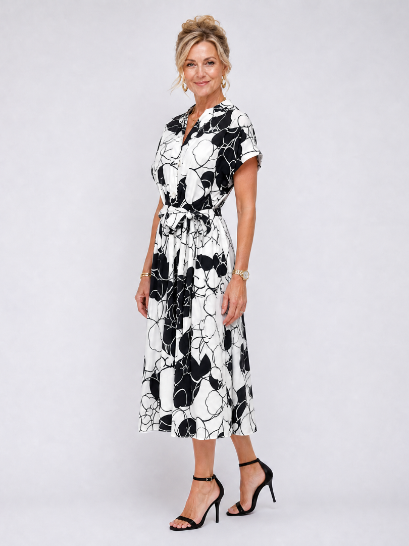 Sydney | Printed V Neck Waist Tie Midi Dress
