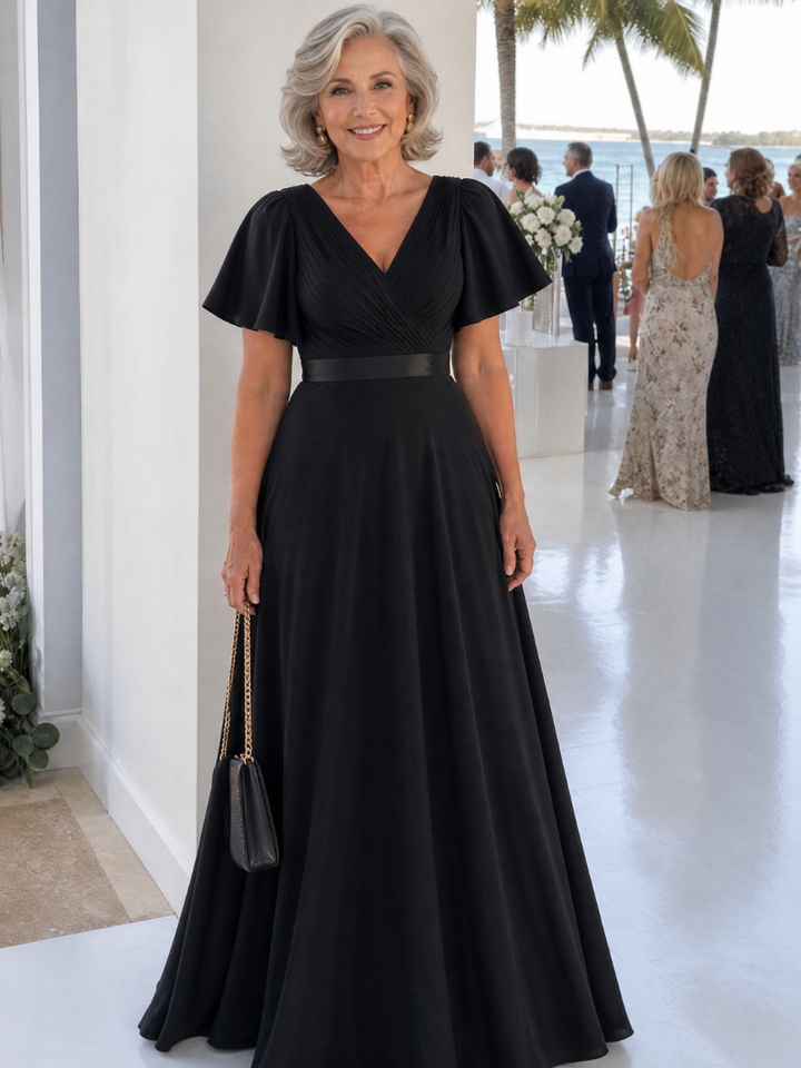 Mige | Short Flutter Sleeve Defined Waist Maxi Dress