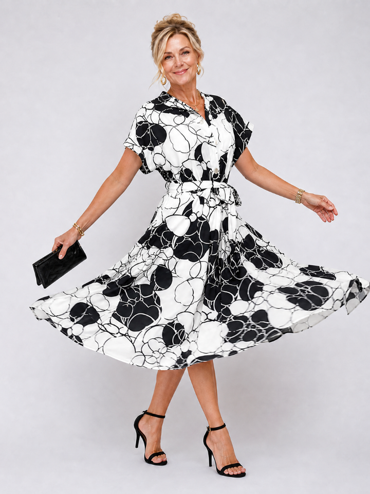 Sydney | Printed V Neck Waist Tie Midi Dress