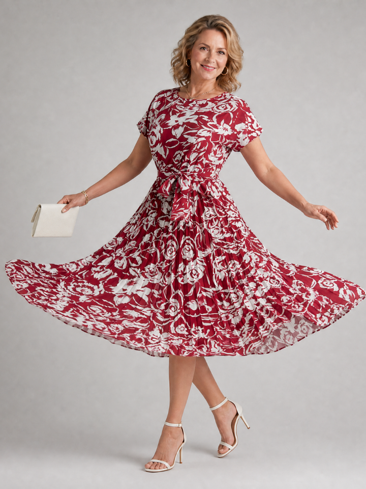 Hazel | Floral Pleated Waist Tie Midi Dress