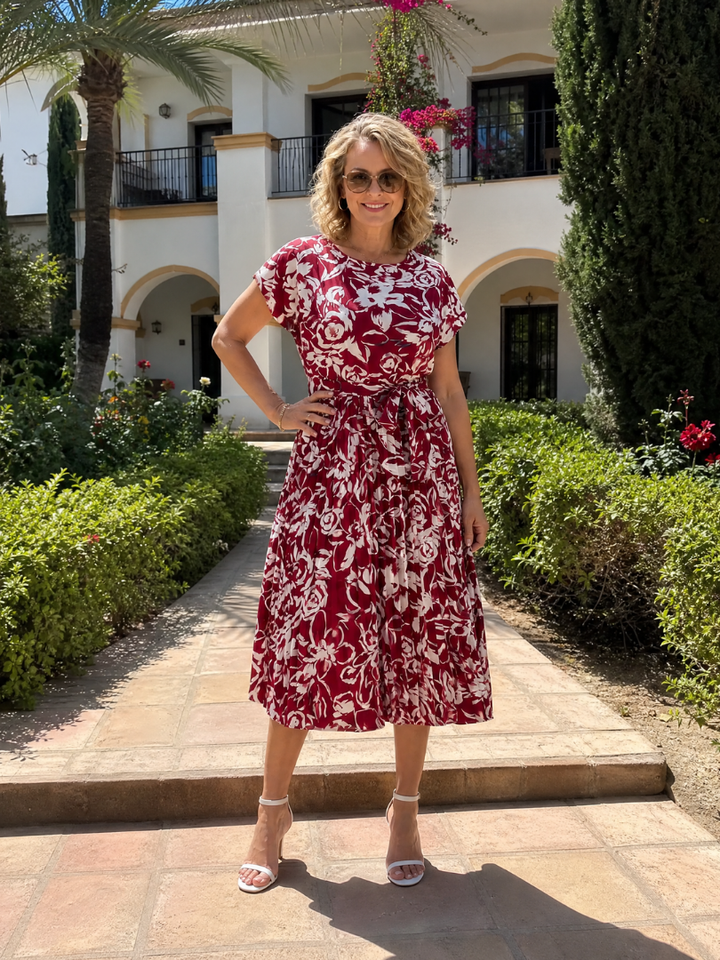 Hazel | Floral Pleated Waist Tie Midi Dress