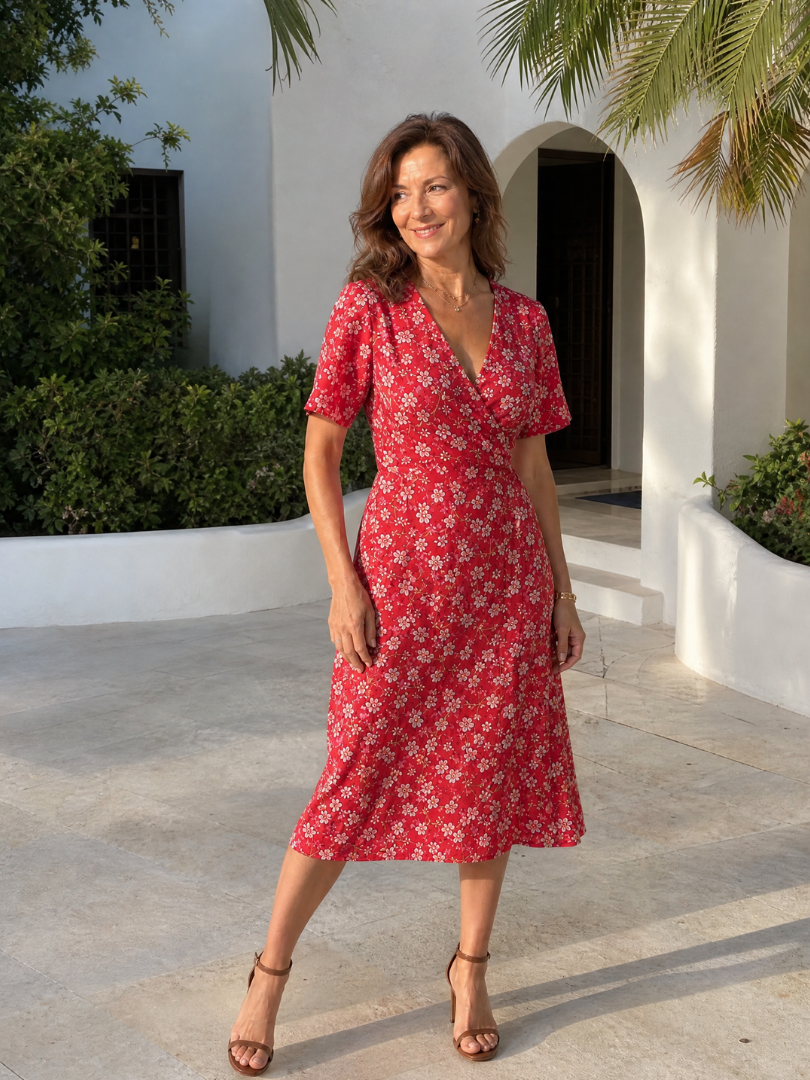 Amelia | Floral V Neck Short Sleeve Midi Dress