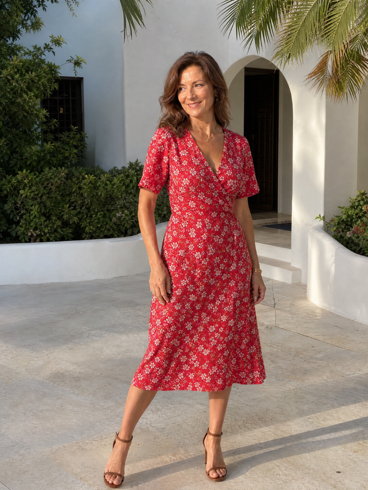 Amelia | Floral V Neck Short Sleeve Midi Dress