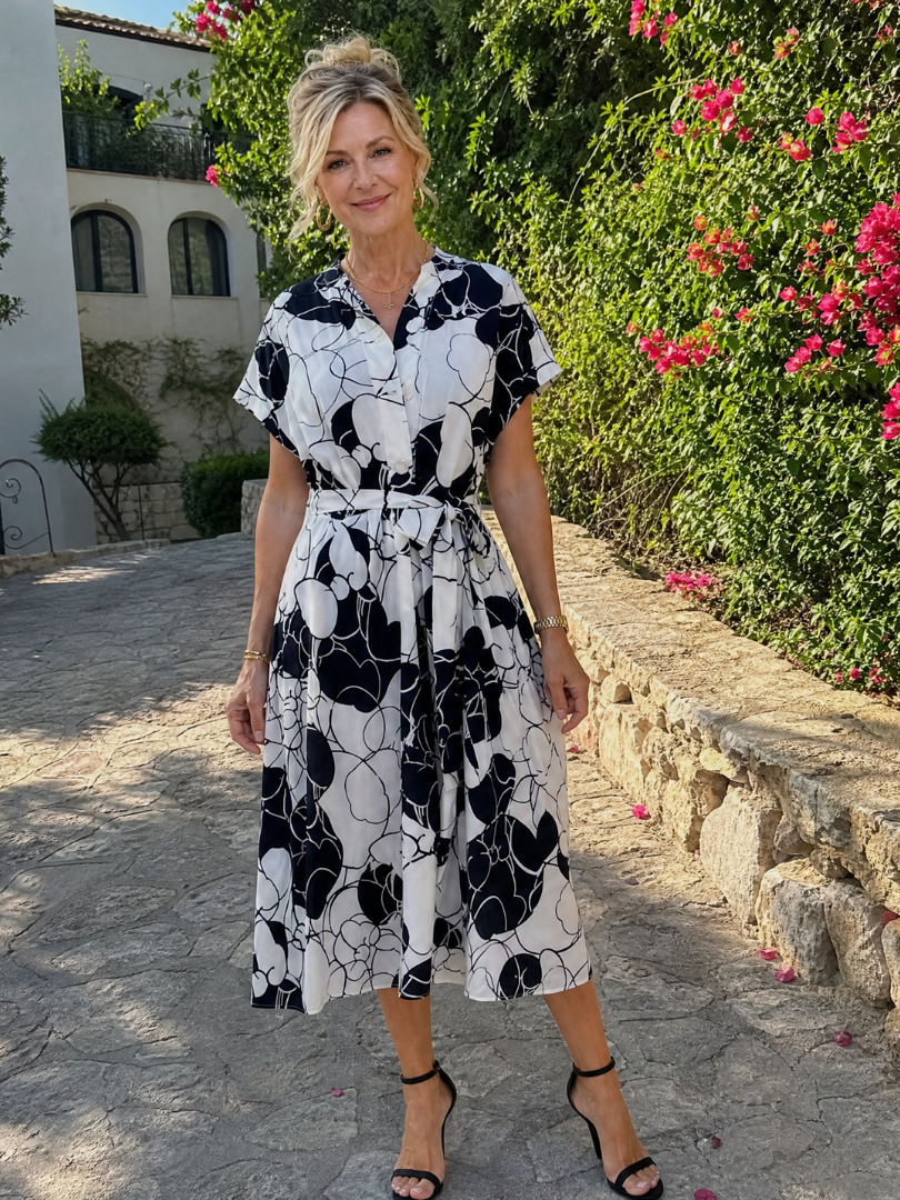 Sydney | Printed V Neck Waist Tie Midi Dress