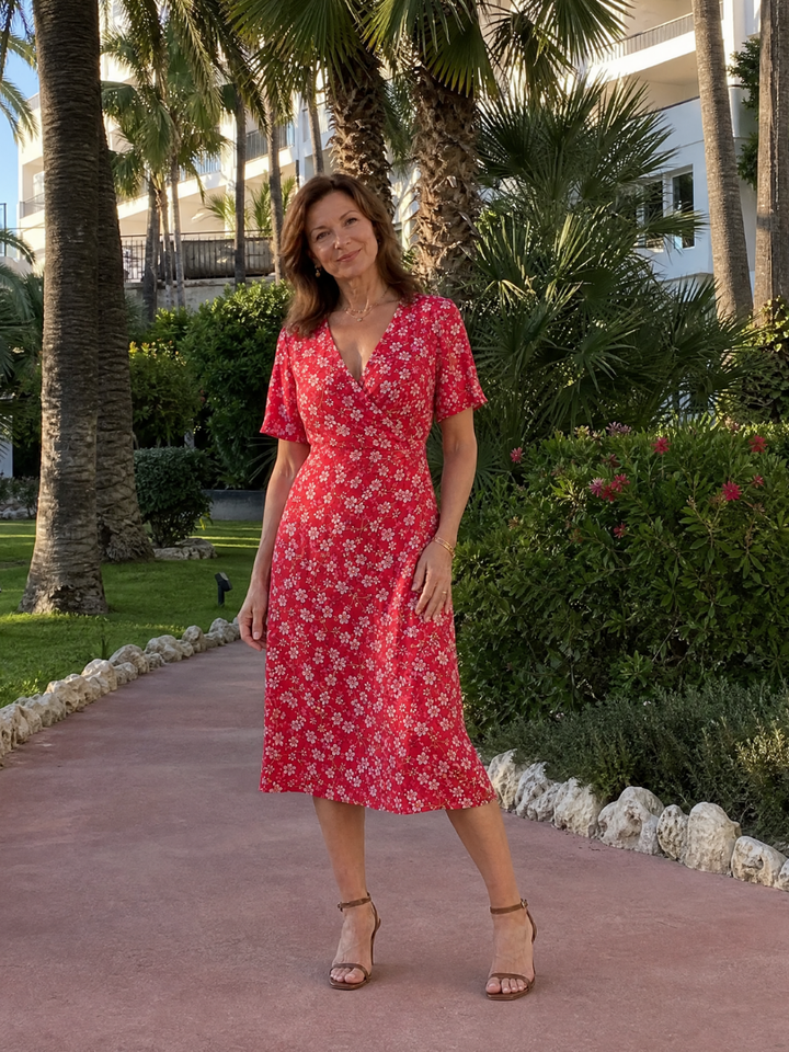 Amelia | Floral V Neck Short Sleeve Midi Dress