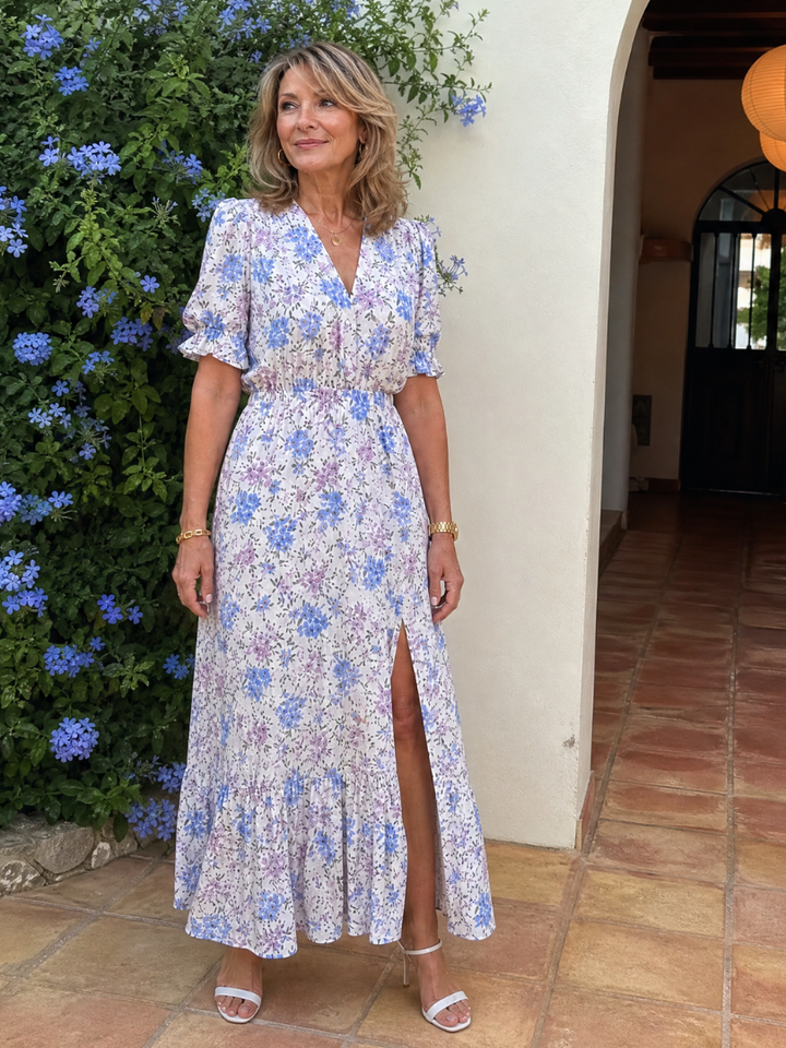 Charlotte | Floral V Neck Short Sleeve Midi Dress